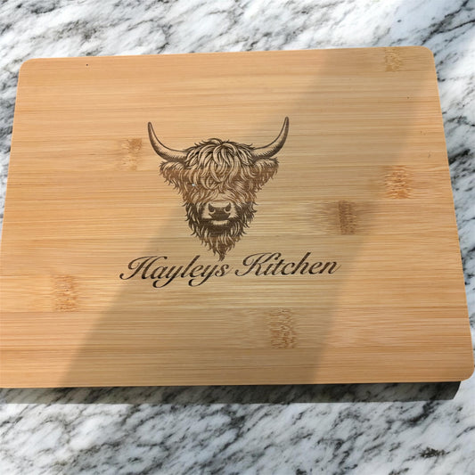 Personalised Highland Cow Bamboo Chopping Board | Custom Name Kitchen Gift