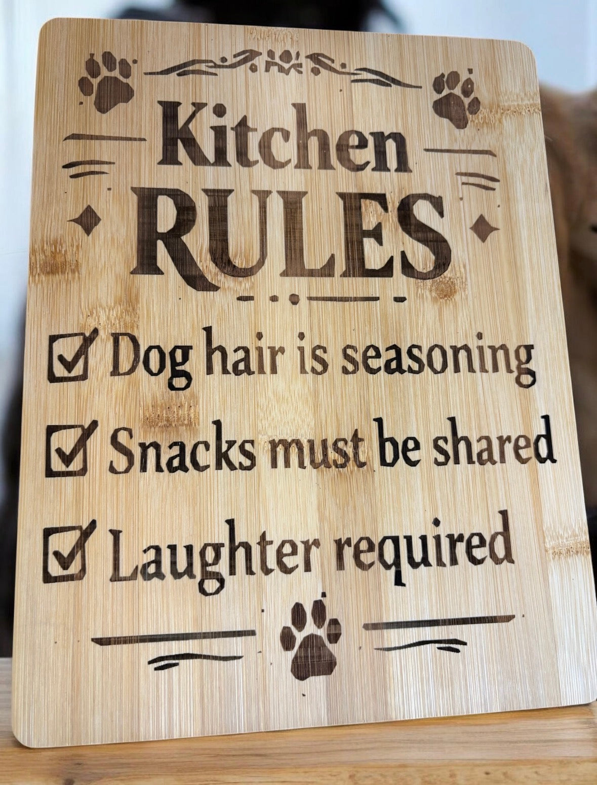 Engraved Bamboo Chopping Board – Kitchen Rules, Dog Hair Seasoning Sign - Funny boards