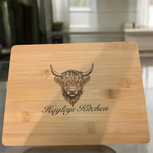 Personalised Highland Cow Bamboo Chopping Board | Custom Name Kitchen Gift